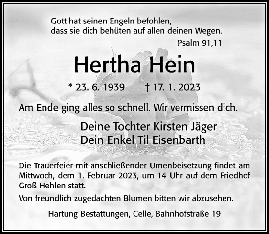 Traueranzeige von Hertha Hein von Cellesche Zeitung
