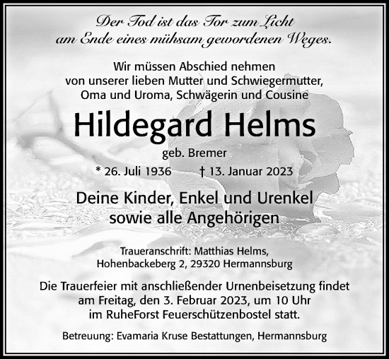 Traueranzeige von Hildegard Helms von Cellesche Zeitung