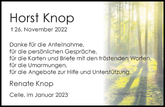 Traueranzeige von Horst Knop von Cellesche Zeitung