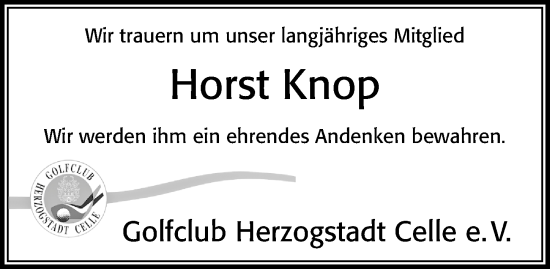 Traueranzeige von Horst Knop von Cellesche Zeitung