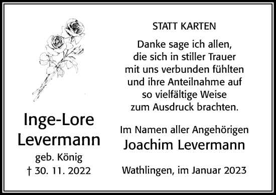 Traueranzeige von Inge-Lore Levermann von Cellesche Zeitung