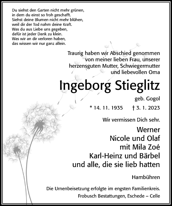 Traueranzeige von Ingeborg Stieglitz von Cellesche Zeitung