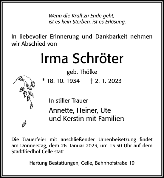 Traueranzeige von Irma Schröter von Cellesche Zeitung