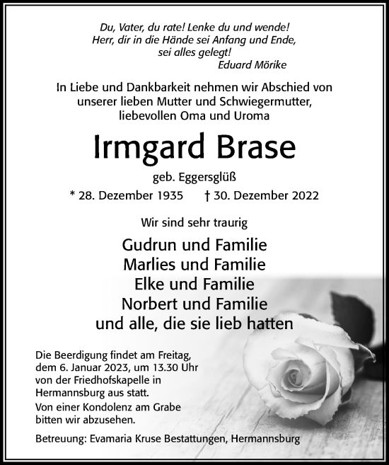 Traueranzeige von Irmgard Brase von Cellesche Zeitung