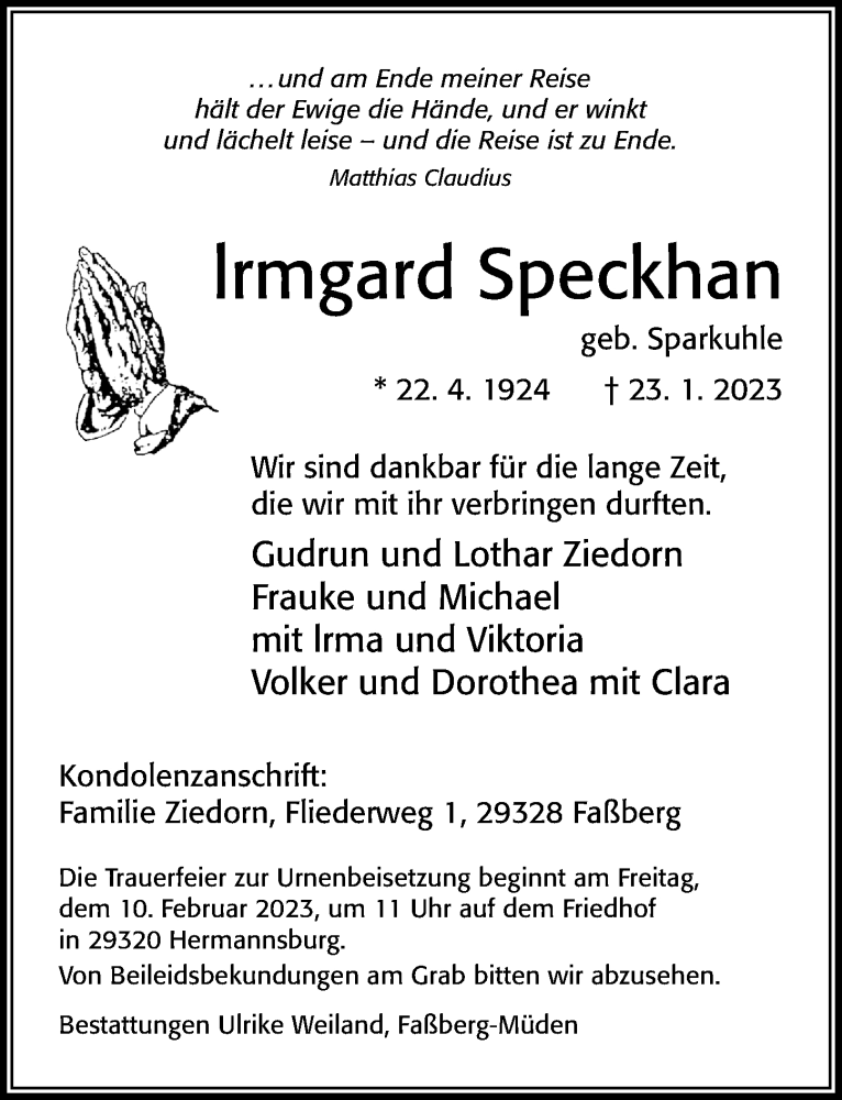  Traueranzeige für Irmgard Speckhan vom 28.01.2023 aus Cellesche Zeitung