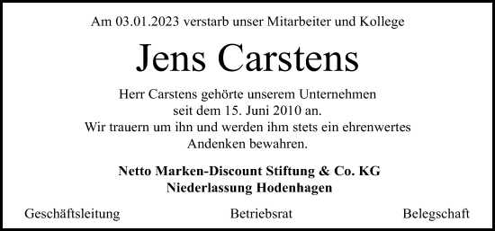 Traueranzeige von Jens Carstens von Cellesche Zeitung