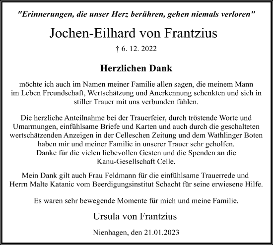 Traueranzeige von Jochen-Eilhard von Frantzius von Cellesche Zeitung
