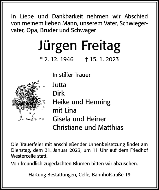 Traueranzeige von Jürgen Freitag von Cellesche Zeitung