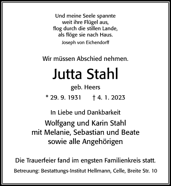 Traueranzeige von Jutta Stahl von Cellesche Zeitung