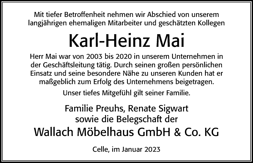  Traueranzeige für Karl-Heinz Mai vom 04.01.2023 aus Cellesche Zeitung