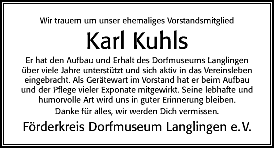 Traueranzeige von Karl Kuhls von Cellesche Zeitung