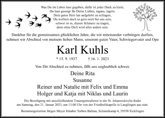 Traueranzeige von Karl Kuhls von Cellesche Zeitung