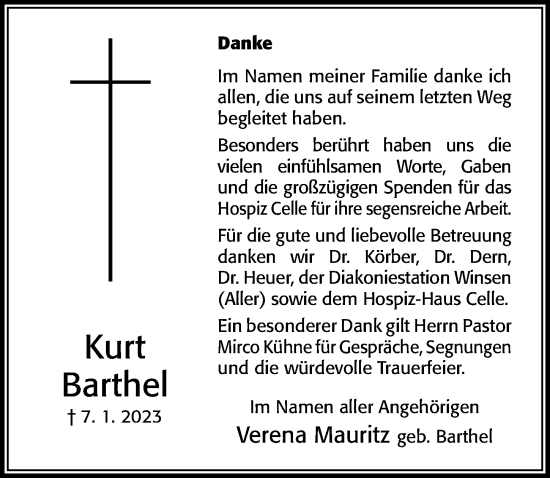 Traueranzeige von Kurt Barthel von Cellesche Zeitung