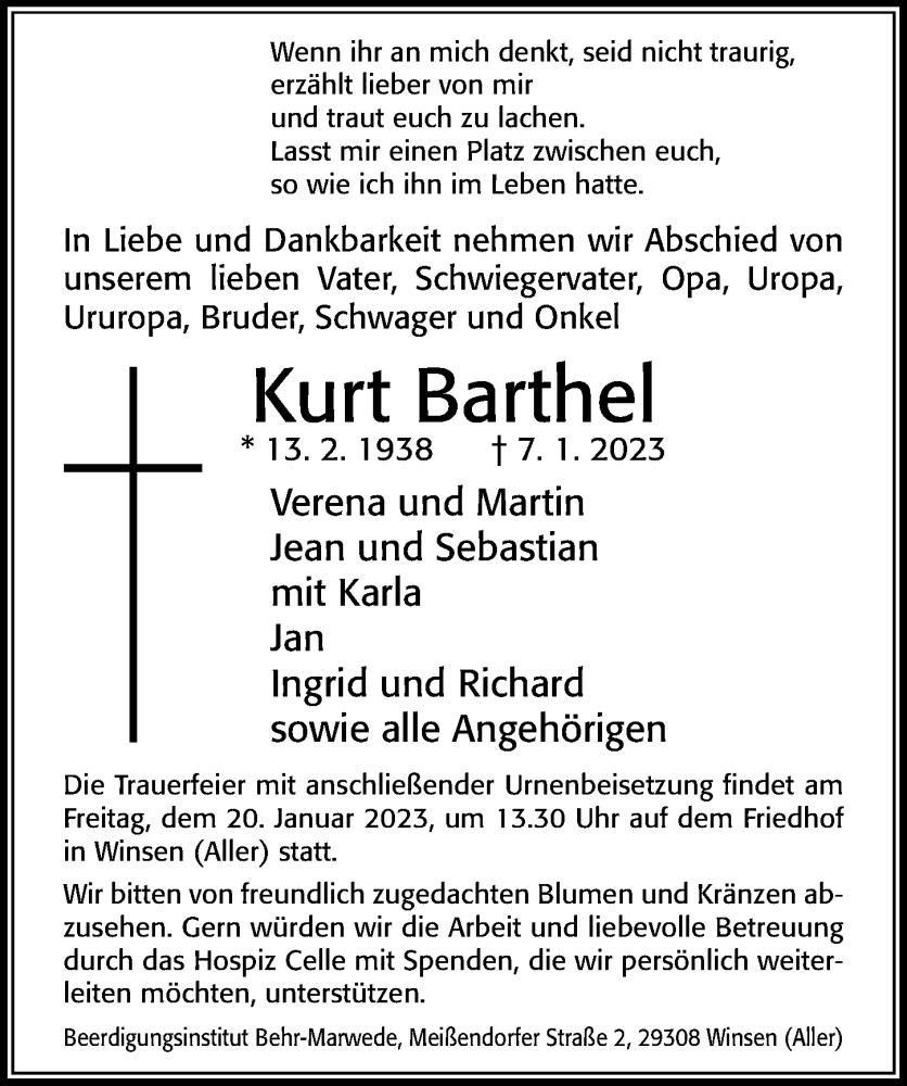  Traueranzeige für Kurt Barthel vom 14.01.2023 aus Cellesche Zeitung