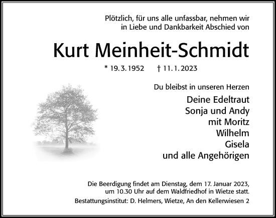Traueranzeige von Kurt Meinheit-Schmidt von Cellesche Zeitung