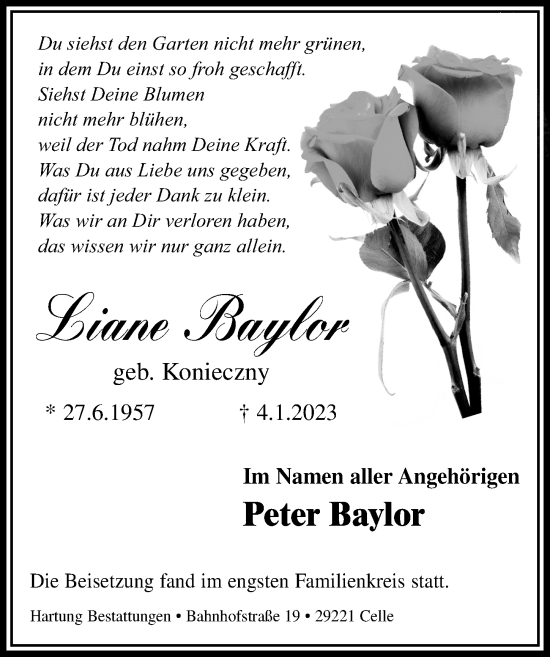 Traueranzeige von Liane Baylor von Cellesche Zeitung