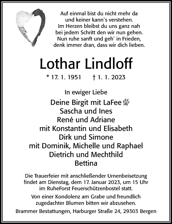 Traueranzeige von Lothar Lindloff von Cellesche Zeitung