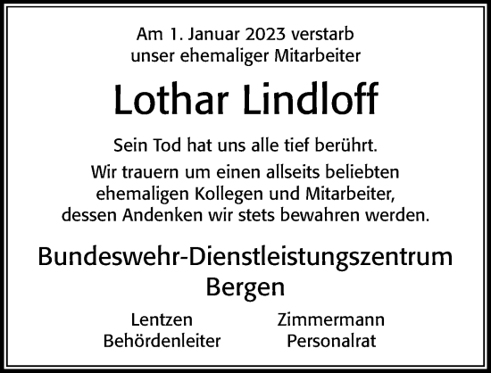 Traueranzeige von Lothar Lindloff von Cellesche Zeitung