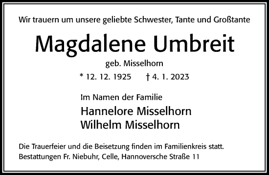 Traueranzeige von Magdalene Umbreit von Cellesche Zeitung