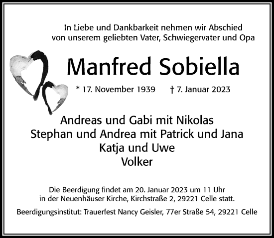 Traueranzeige von Manfred Sobiella von Cellesche Zeitung