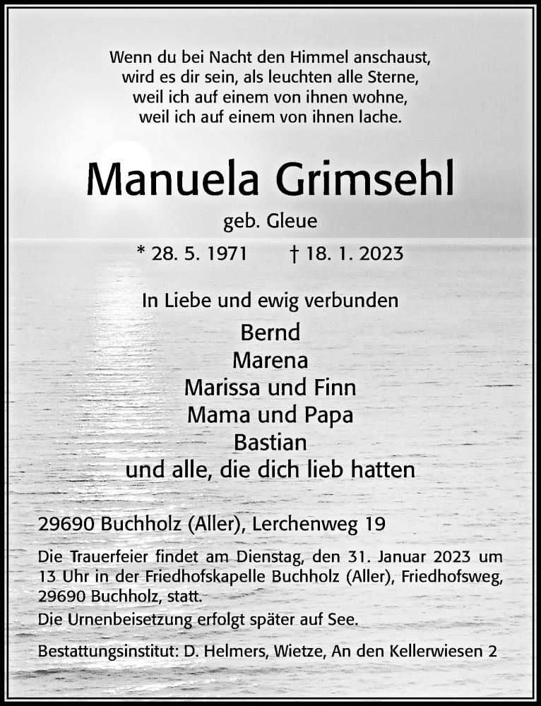  Traueranzeige für Manuela Grimsehl vom 25.01.2023 aus Cellesche Zeitung