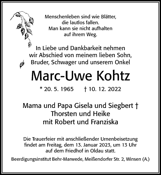 Traueranzeige von Marc-Uwe Kohtz von Cellesche Zeitung