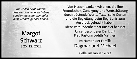 Traueranzeige von Margot Schwarz von Cellesche Zeitung