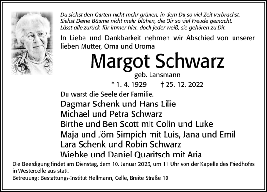 Traueranzeige von Margot Schwarz von Cellesche Zeitung