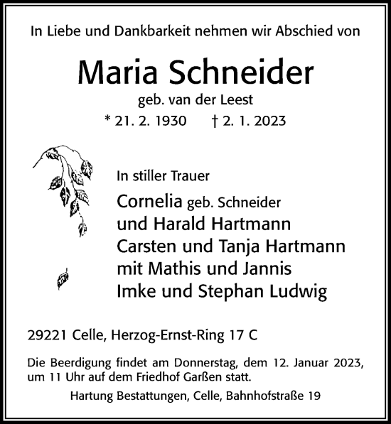 Traueranzeige von Maria Schneider von Cellesche Zeitung