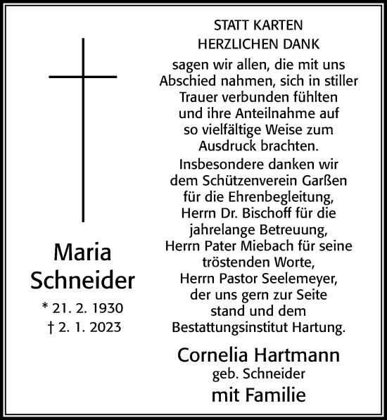 Traueranzeige von Maria Schneider von Cellesche Zeitung