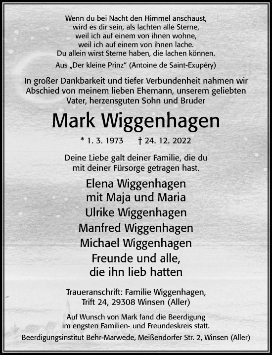 Traueranzeige von Mark Wiggenhagen von Cellesche Zeitung