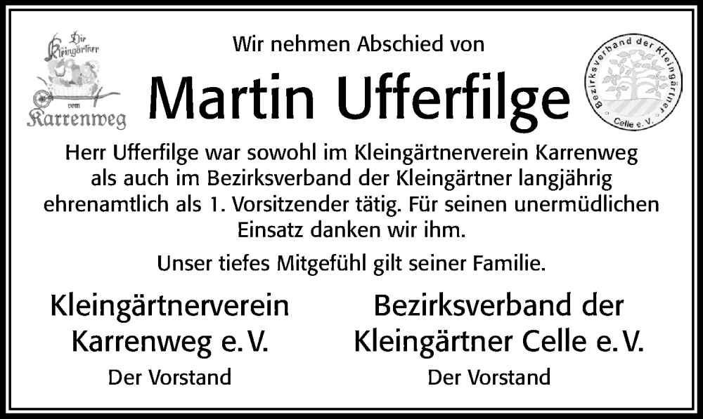  Traueranzeige für Martin Ufferfilge vom 26.01.2023 aus Cellesche Zeitung