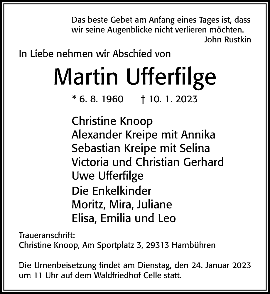  Traueranzeige für Martin Ufferfilge vom 21.01.2023 aus Cellesche Zeitung