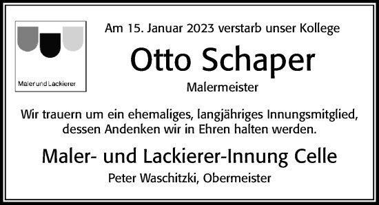 Traueranzeige von Otto Schaper von Cellesche Zeitung