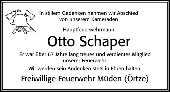 Traueranzeige von Otto Schaper von Cellesche Zeitung