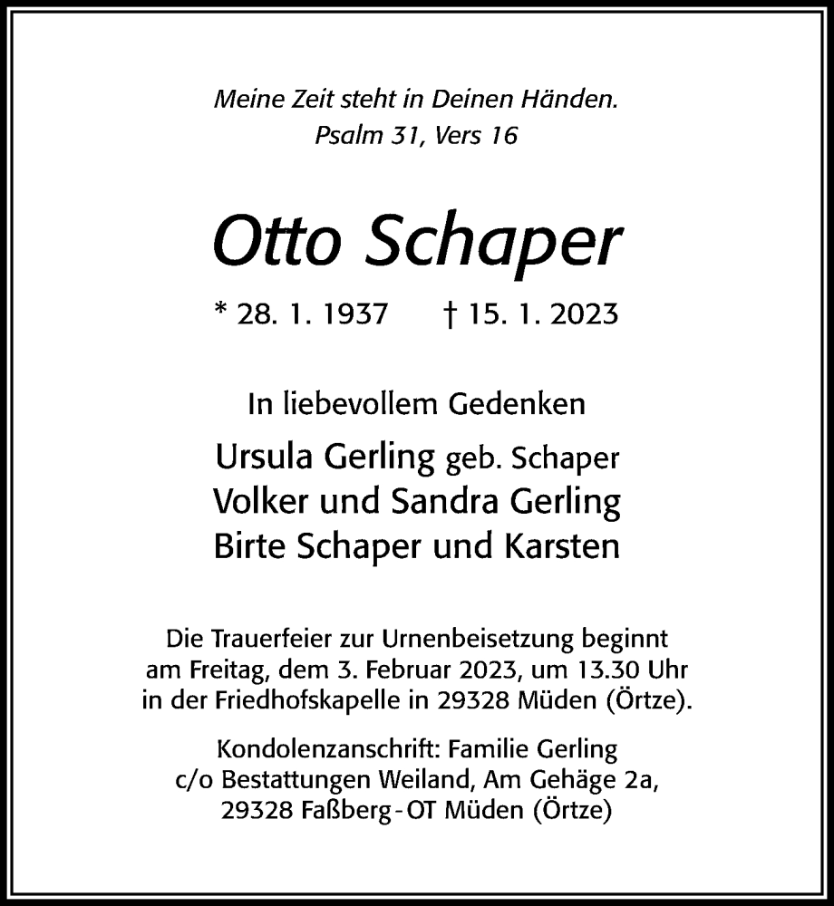  Traueranzeige für Otto Schaper vom 21.01.2023 aus Cellesche Zeitung