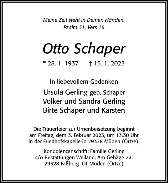 Traueranzeige von Otto Schaper von Cellesche Zeitung