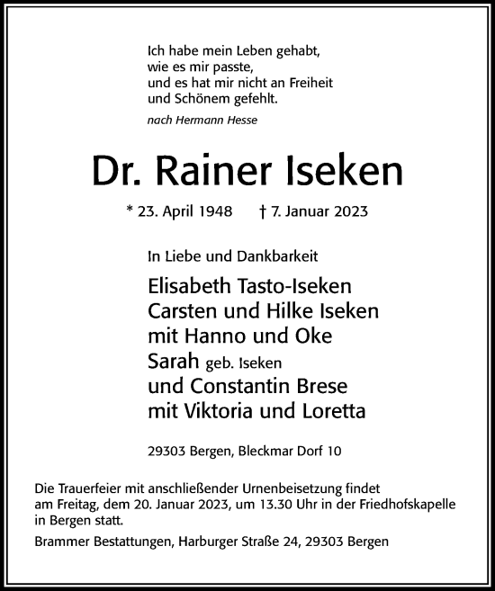 Traueranzeige von Rainer Iseken von Cellesche Zeitung