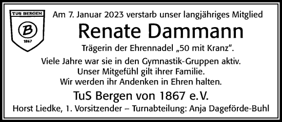 Traueranzeige von Renate Dammann von Cellesche Zeitung