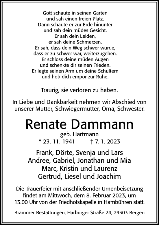 Traueranzeige von Renate Dammann von Cellesche Zeitung
