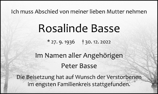 Traueranzeige von Rosalinde Basse von Cellesche Zeitung