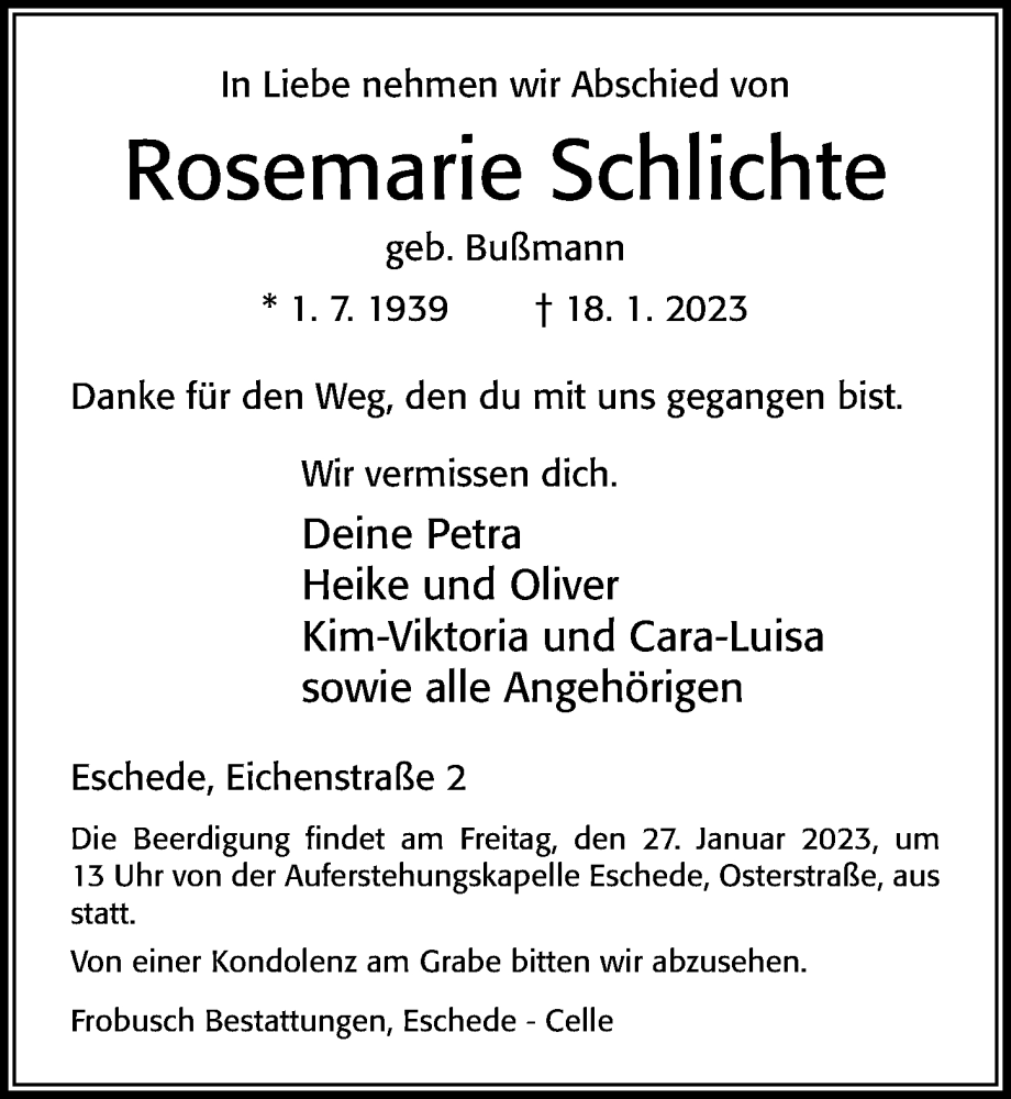  Traueranzeige für Rosemarie Schlichte vom 21.01.2023 aus Cellesche Zeitung