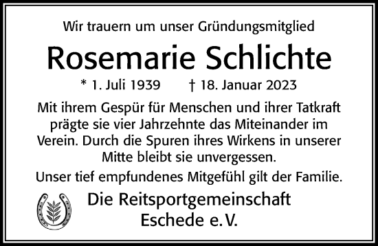 Traueranzeige von Rosemarie Schlichte von Cellesche Zeitung