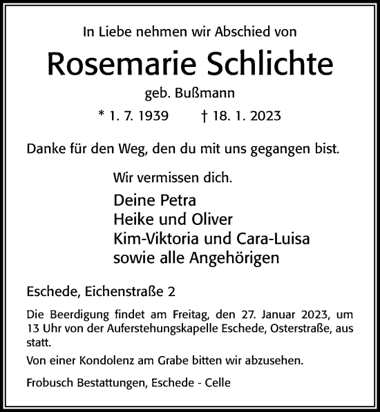 Traueranzeige von Rosemarie Schlichte von Cellesche Zeitung