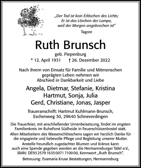 Traueranzeige von Ruth Brunsch von Cellesche Zeitung