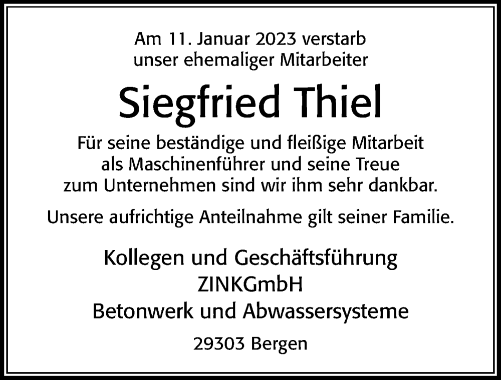  Traueranzeige für Siegfried Thiel vom 25.01.2023 aus Cellesche Zeitung