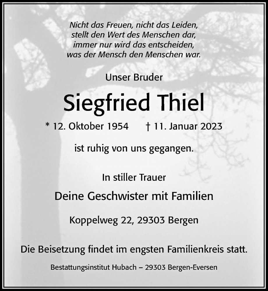  Traueranzeige für Siegfried Thiel vom 20.01.2023 aus Cellesche Zeitung