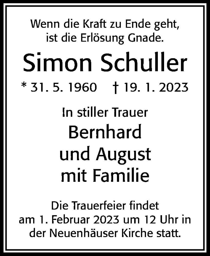  Traueranzeige für Simon Schuller vom 30.01.2023 aus Cellesche Zeitung