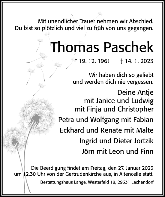 Traueranzeige von Thomas Paschek von Cellesche Zeitung