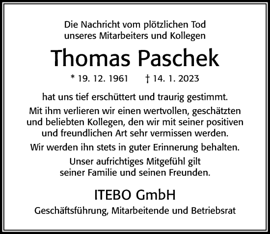 Traueranzeige von Thomas Paschek von Cellesche Zeitung